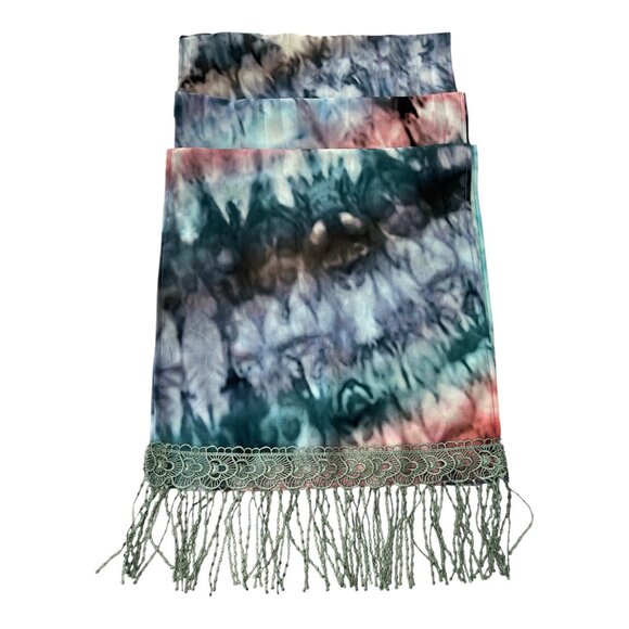 Boho Tie-Dye Fringe Scarf with Lace Trim – Multicolor Polyester - Picture 1 of 4